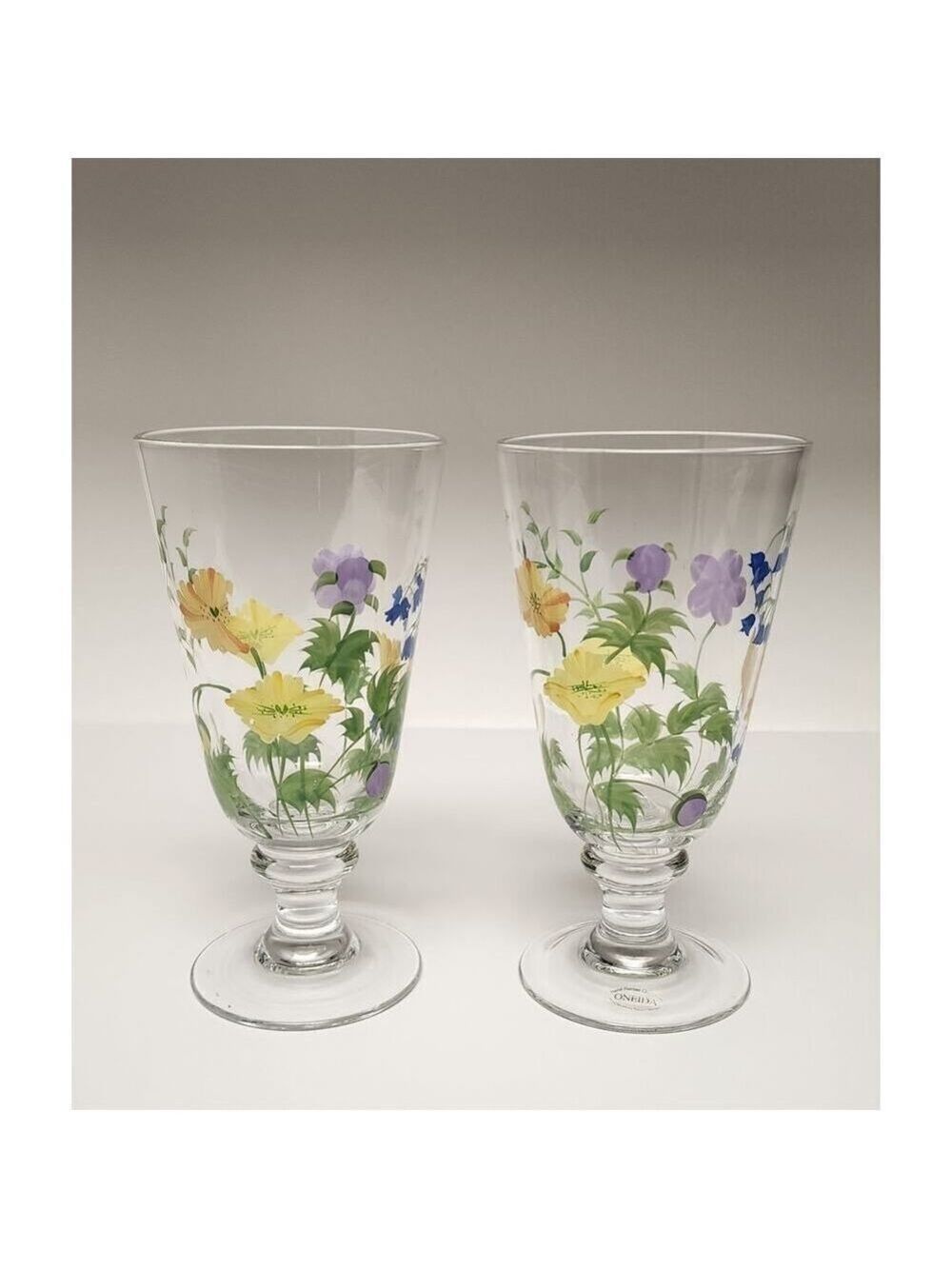 Oneida Glass Drink Goblets Set Of 2 Hand Painted Floral Bloom Drinkware Glasses